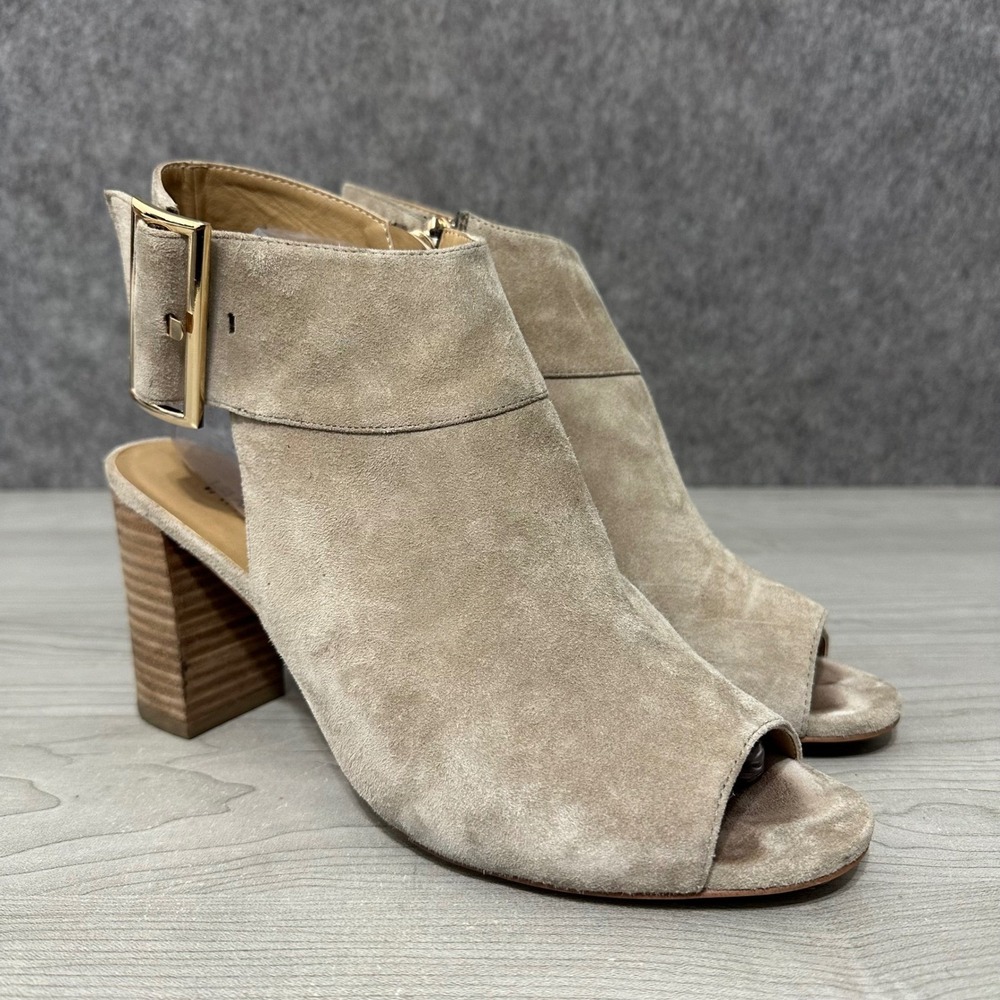 Vaneli Bisa Cuoio Taupe Suede Peep Toe Women's 10 Strap Booties Block Heel